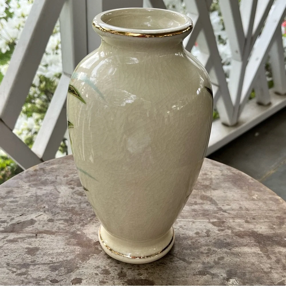Vintage Crackled Glaze Style Vase with Bird and Flowers